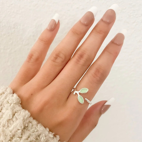 925 Sterling Silver Dainty Leaf Ring Twig Ring Branch Ring Green Stone Ring - Picture 6 of 8